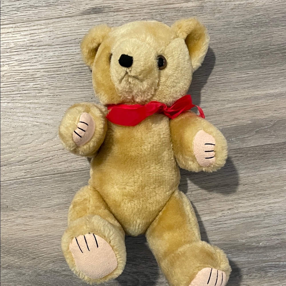 Plush Tan Teddy Bear with Red Bow